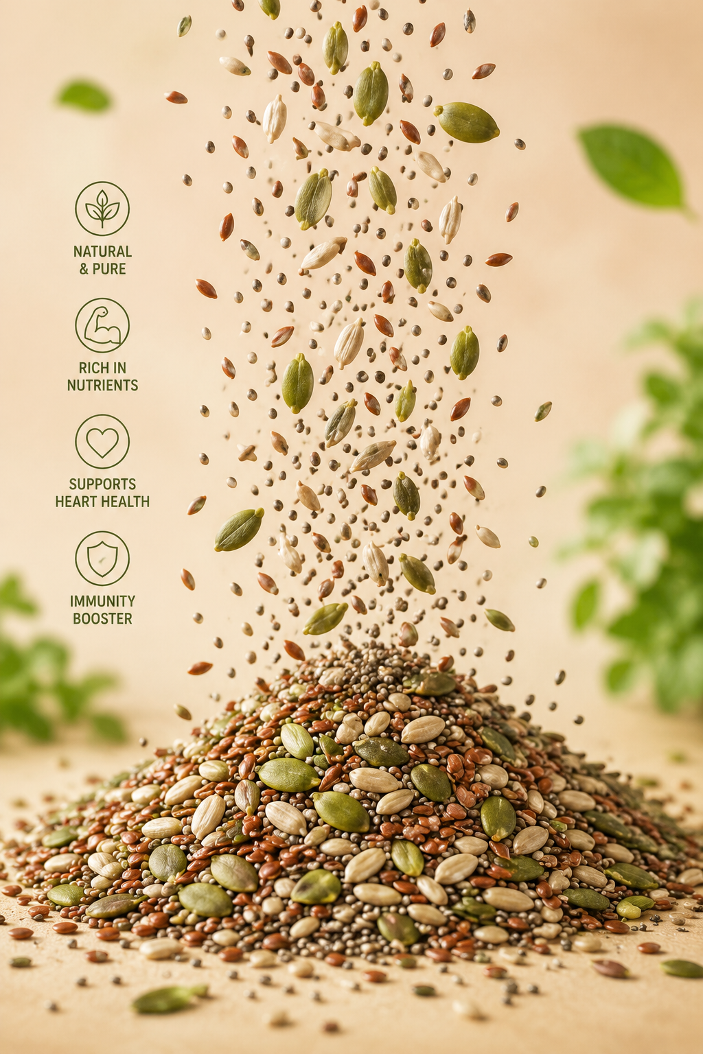 chia seeds, pumpkin seeds, flax seeds, sunflower seeds, watermelon seeds
